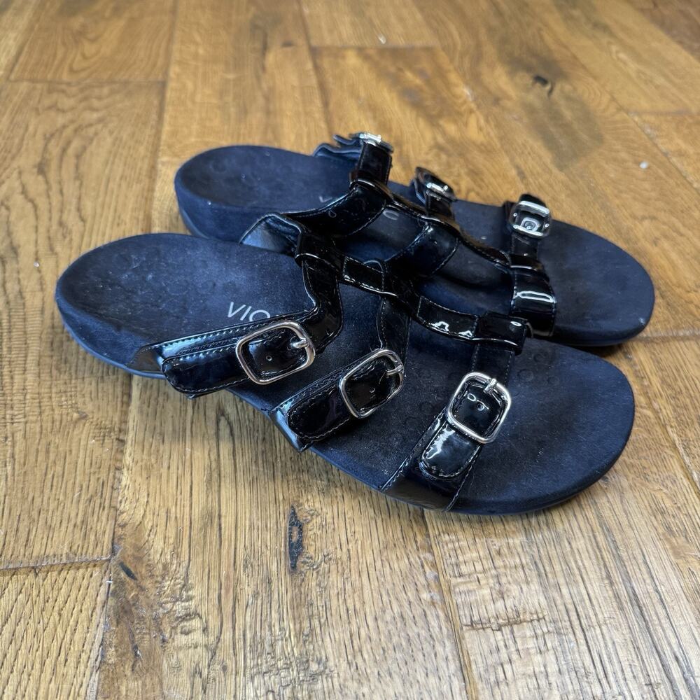 Vionic Misa Sandals US 8 Black Patent Leather 3 Strap Orthaheel Women’s Comfort